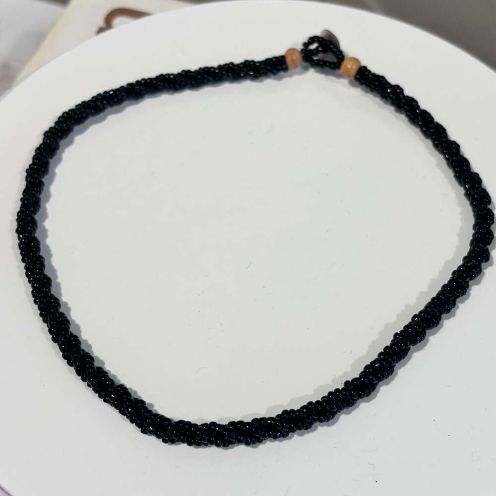 Vintage Twisted Black Glass Beaded Necklace Wood Button